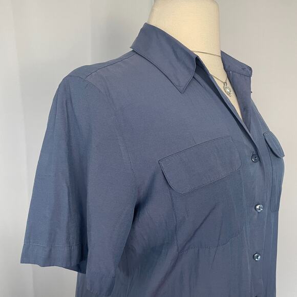 Vintage Casual Top Size XL Blue Solid Short Sleeve Button Pocket Minimal Relaxed - Picture 3 of 11